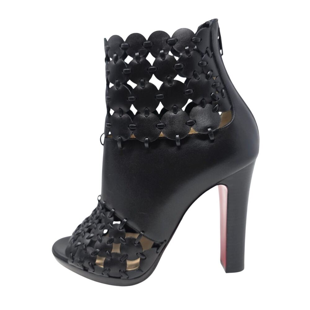 Christian Louboutin Amazona Black Leather Boots Peep Toe Bootie Heel 36.5 US 6.5